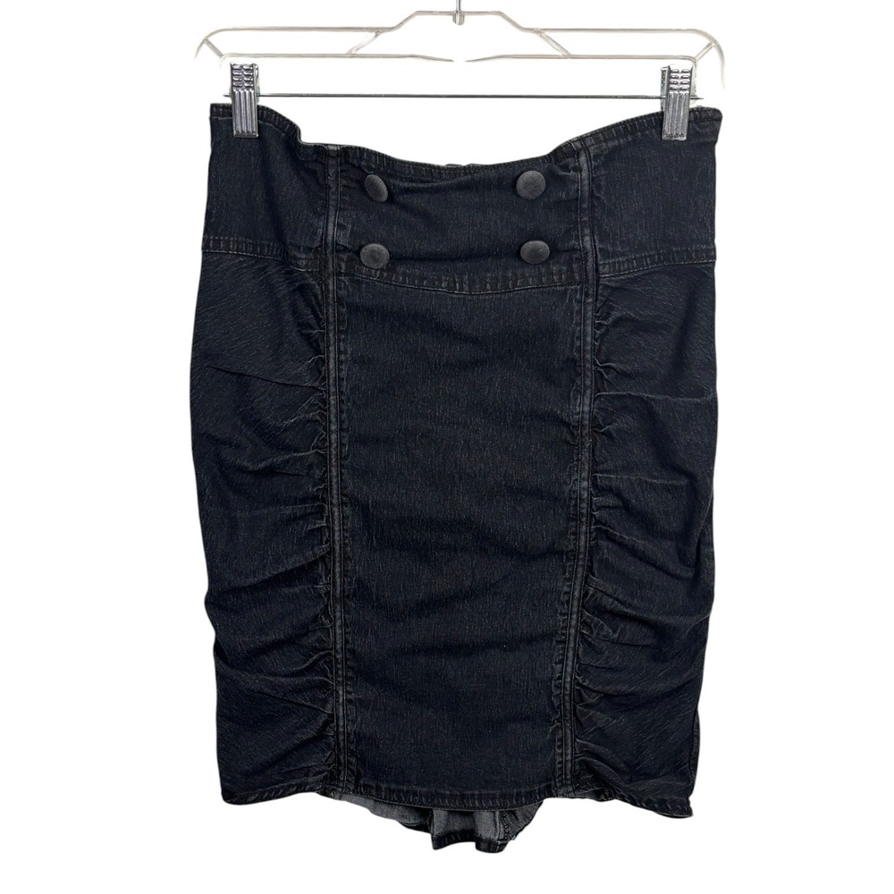 Vintage Y2k Womens Black High Waisted Ruched Denim Pencil Skirt Size 9 30" Waist